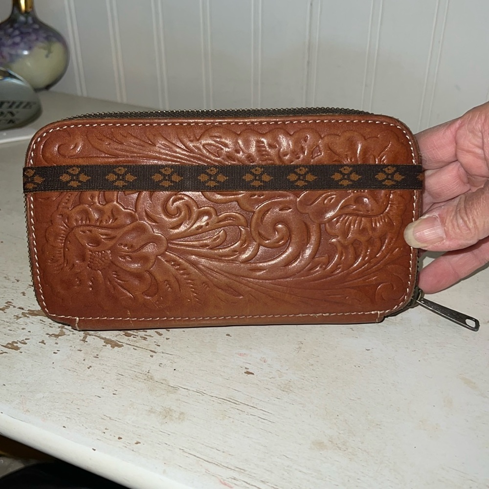 Patricia Nash Embossed Brown Leather Wallet zip around fold over